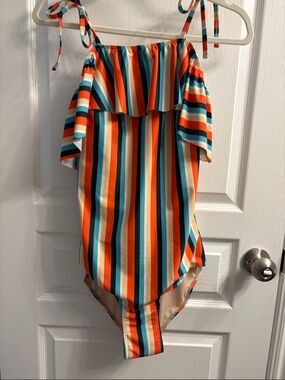 Albion off the shoulder striped pattern one piece swimsuit.